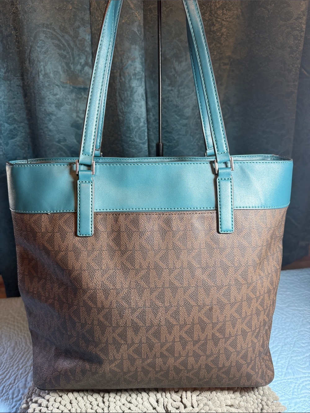 Michael Kors Brown Tote with Teal and White Center Stripe - Picture 3 of 13